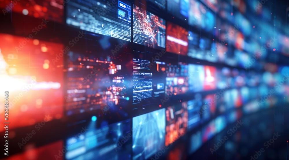 Naklejka premium Arrière-plan de technologie numérique avec des écrans numériques flous et des images volant dans les airs, représentant le streaming vidéo ou la communication sur les réseaux sociaux.