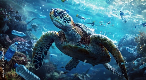 Une tortue de mer nageant parmi des bouteilles en plastique et d'autres déchets dans l'océan, mettant en évidence la pollution de l'environnement. © David Giraud