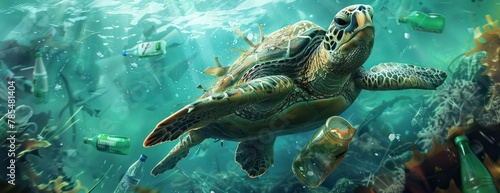 Une tortue de mer nageant parmi des bouteilles en plastique et d'autres déchets dans l'océan, mettant en évidence la pollution de l'environnement, image avec espace pour texte.