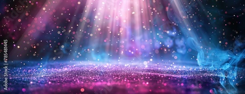 Fond abstrait coloré avec des particules lumineuses sur le sol, fantaisie, paillettes, effet bokeh, couleurs bleu violet rose, image avec espace pour texte.