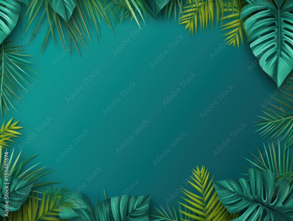 Tropical plants frame background with turquoise blank space for text on turquoise background, top view. Flat lay style. ,copy Space