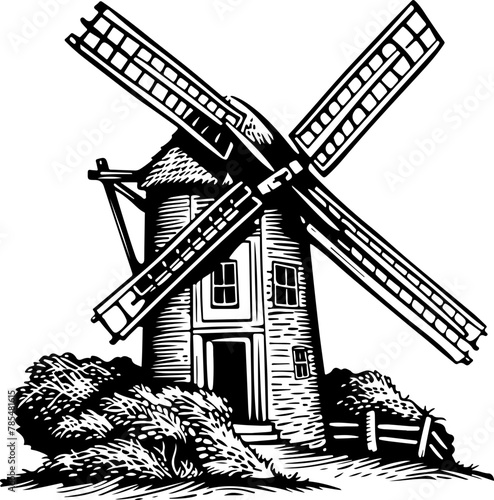 An illustration of a traditional windmill set against a hatched background, perfect for historical education or rustic branding designs.