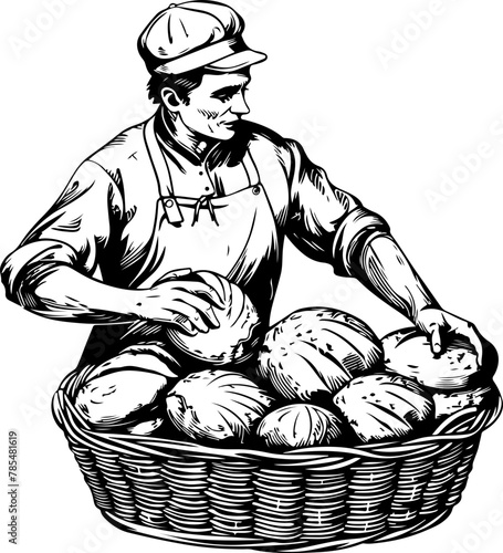 A detailed illustration of a baker selecting a loaf from a basket of fresh bread, suitable for culinary articles or food market promotions.