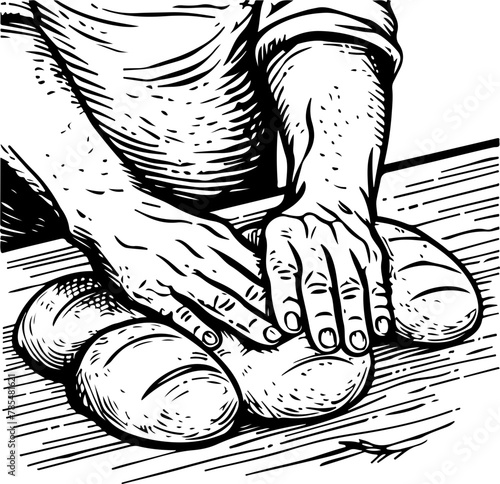illustration capturing the hands-on process of kneading artisan bread dough, ideal for educational content or baking guides