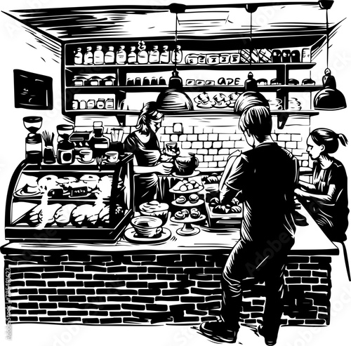 Artisanal treats and a bustling café counter are the focus of this black and white ink artwork, perfect for use in culinary and lifestyle themes.