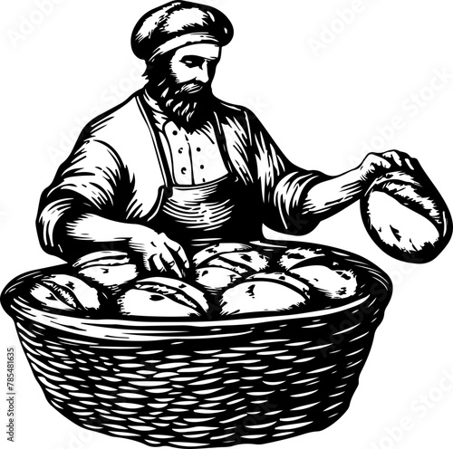 A detailed illustration of a baker selecting a loaf from a basket of fresh bread, suitable for culinary articles or food market promotions.