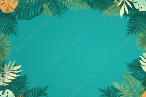 Tropical plants frame background with teal blank space for text on teal background  top view. Flat lay style.  copy Space flat design vector illustration 