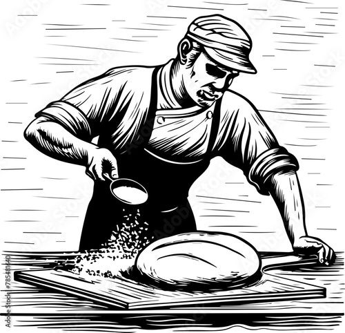 A vintage-style black and white illustration of a focused baker sprinkling flour on dough, ideal for depicting the art of traditional baking.