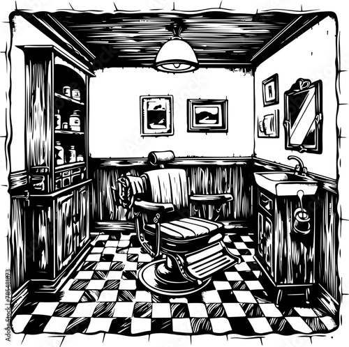 This image renders a classic barbershop interior with checkered floors and an antique barber chair in a striking black and white illustration, perfect for retro themes and decor.