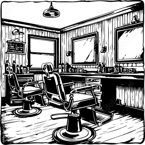 This image renders a classic barbershop interior with checkered floors and an antique barber chair in a striking black and white illustration, perfect for retro themes and decor.