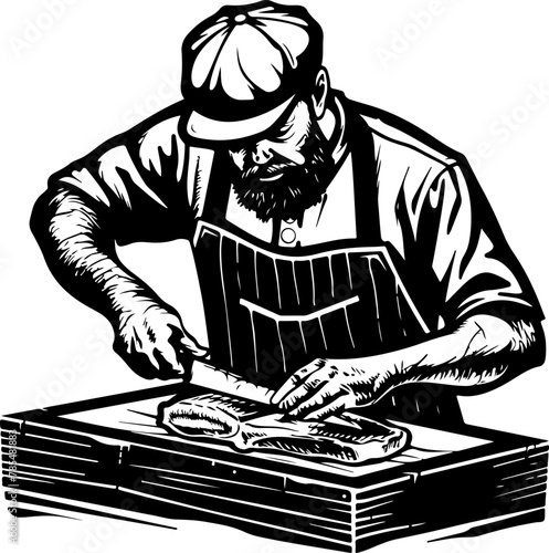traditional butchery, featuring a skilled artisan inspecting meats in a storeroom and others carefully cutting and preparing meats on a block.