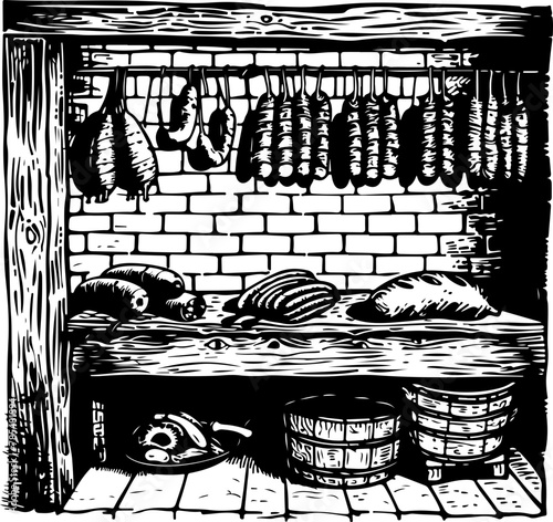 an array of meats and sausages hanging in a traditional butcher shop, with pots and bread adding to the rustic scene.