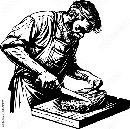 traditional butchery, featuring a skilled artisan inspecting meats in a storeroom and others carefully cutting and preparing meats on a block.