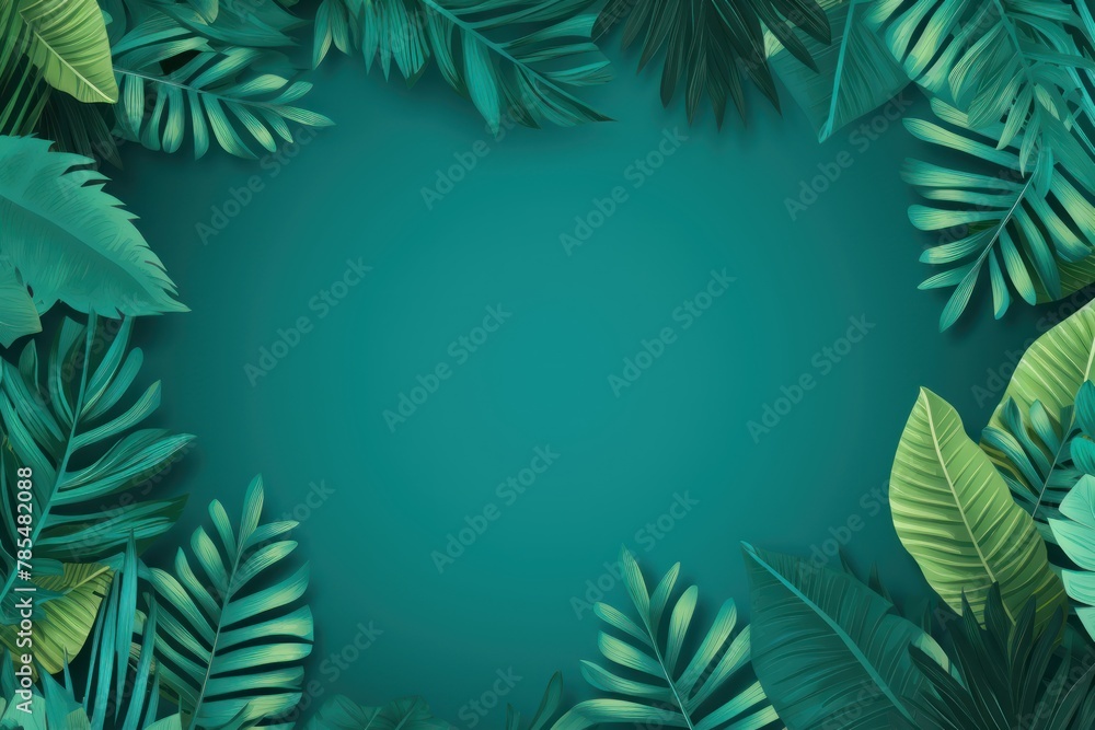 Tropical plants frame background with turquoise blank space for text on turquoise background, top view. Flat lay style. ,copy Space