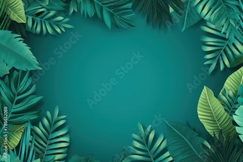 Tropical plants frame background with turquoise blank space for text on turquoise background, top view. Flat lay style. ,copy Space