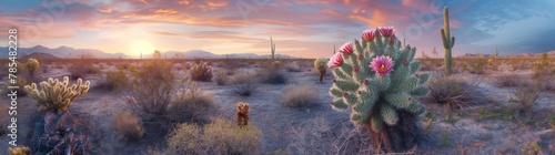 Desert cacti in bloom against the backdrop of a striking sunset, showcasing the resilient beauty of nature photo