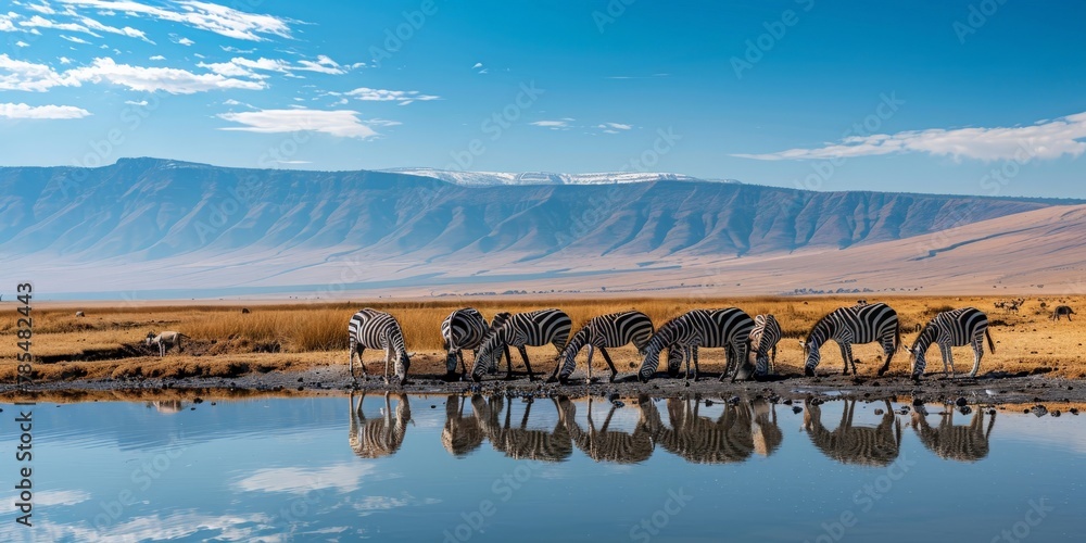 Naklejka premium A herd of zebras drinking from a watering hole, their stripes merging with the reflections, set against a backdrop of the savanna extending to the mountains.