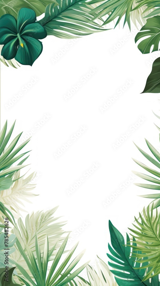 Tropical plants frame background with white blank space for text on white background, top view. Flat lay style. ,copy Space flat design