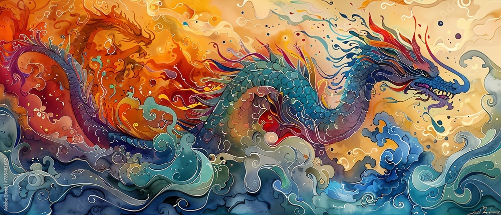 Capture a majestic dragon soaring amidst vibrant, colorful swirls in exquisite detail using watercolor and pen and ink techniques