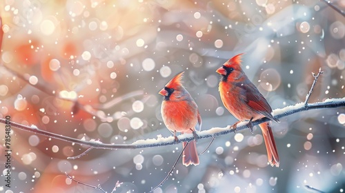 Northern Cardinal birds perching on a tree branch in the snow