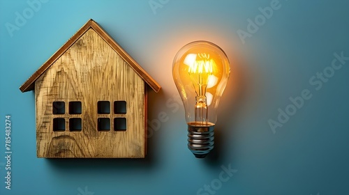 Eco-Friendly Living: Illuminated Bulb & Wooden Home Model. Concept Eco-Friendly Living, Illuminated Bulb, Wooden Home Model