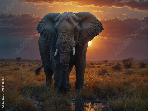 Majestic Elephant Walking in a Vast Field at Sunrise © Melkoud