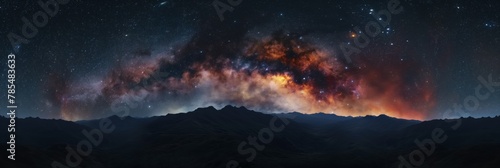 This breathtaking image captures the awe-inspiring panorama of a starry night sky above a silhouetted, rugged mountain range