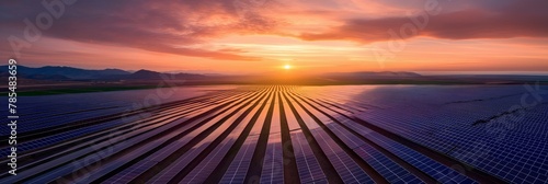 A breathtaking landscape of solar panels sprawling across a desert, capturing renewable energy as the sun sets