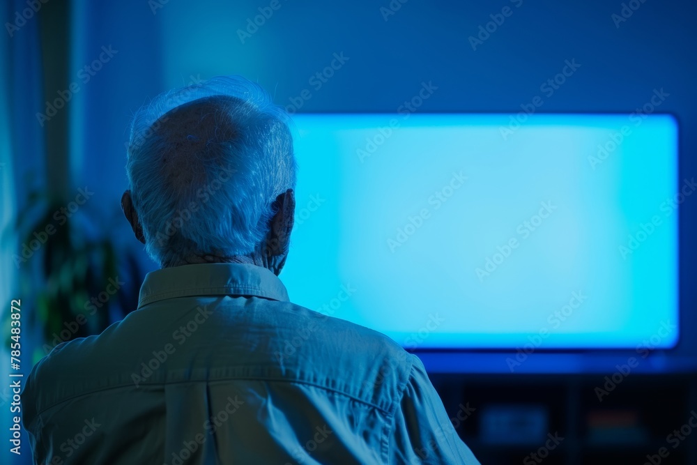 Showcase screen next to the shoulder of a senior citizen man in front of an smart-tv with a fully blue screen Showcase screen next to the shoulder of a senior citizen man in front of an smart-tv with a fully blue screen