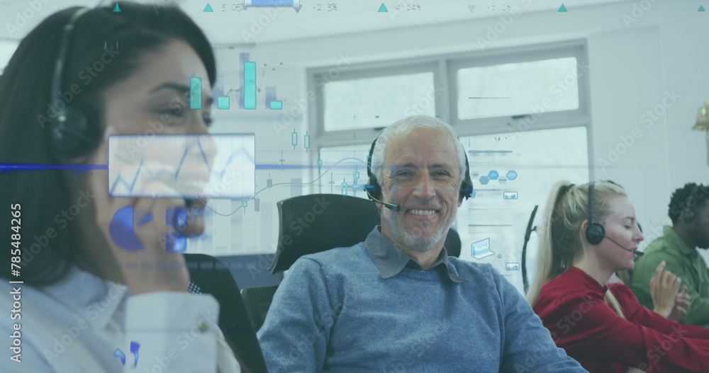 Image of financial data processing over diverse business people in office