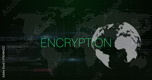 Image of encryption text, globe, world map, statistics and data processing