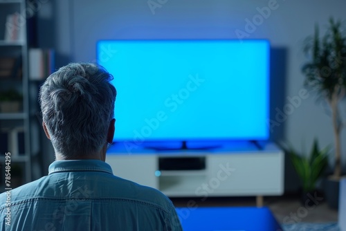 Ui mockup through a shoulder view of a middle-aged man in front of an smart-tv with an entirely blue screen