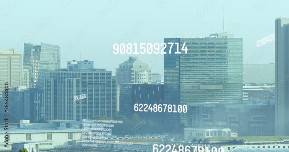 Obraz premium Image of changing numbers over buildings against clear sky
