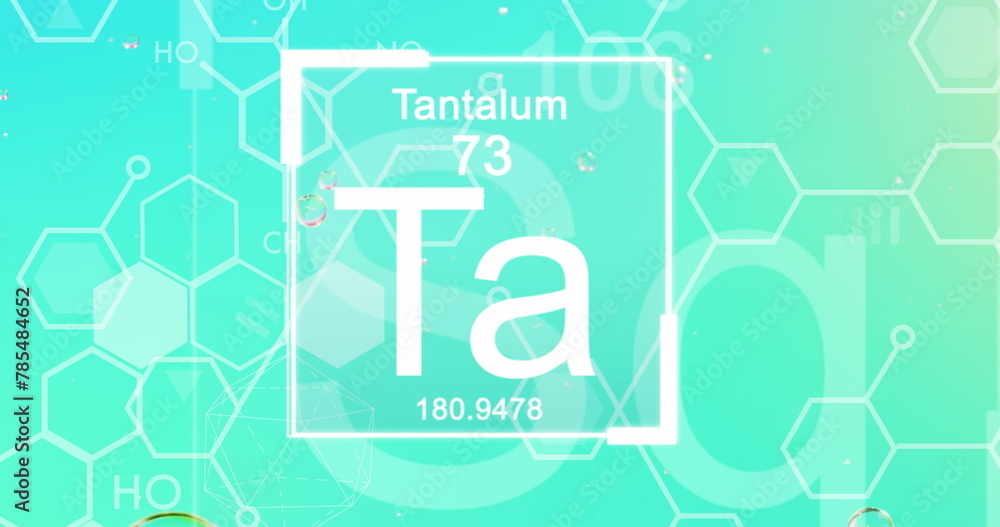 Image of chemical formula with elements over bubbles on blue background