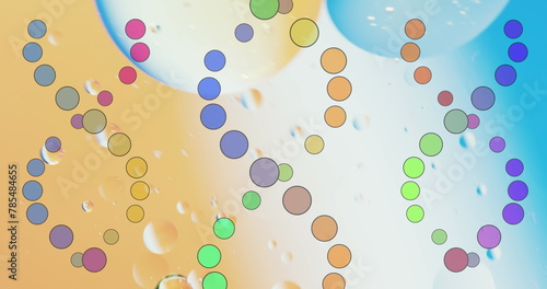 Image of dna strands over bubbles on colorful background