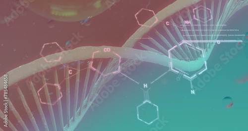 Image of bubbles over dna strand and chemical formula on blue background