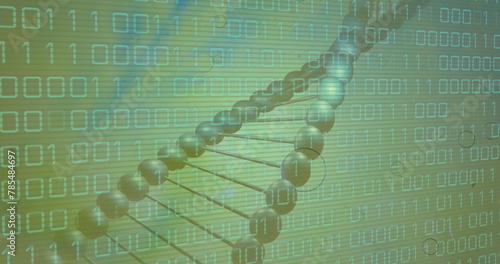 Image of data processing over dna strand on green background