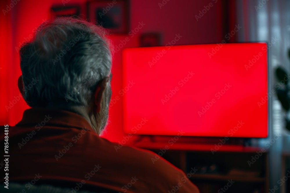 Showcase screen next to the shoulder of a senior man in front of an smart-tv with a completely red screen Showcase screen next to the shoulder of a senior man in front of an smart-tv with a completely red screen