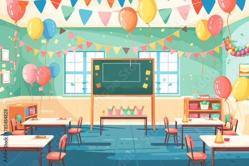 A vibrant classroom adorned with colorful balloons and streamers in celebration of Teacher's Day.