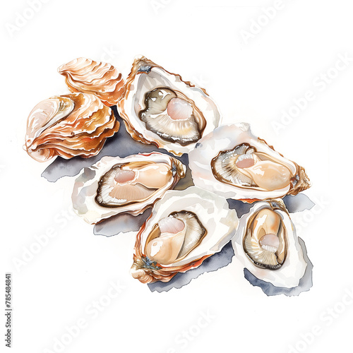 Illustration of raw oysters in watercolor on white background