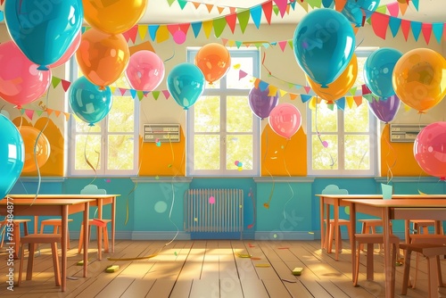A vibrant classroom adorned with colorful balloons and streamers in celebration of Teacher's Day.
