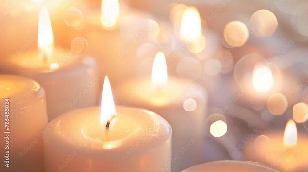 White candles on bright background with a free place for text. Concept of home, spa, relaxation, meditation or festive celebration banner.