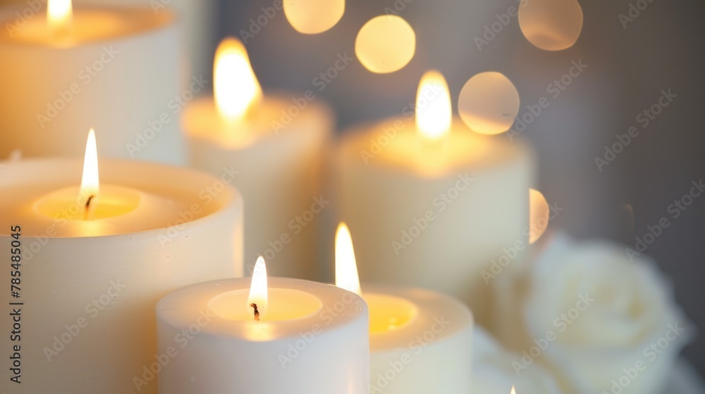 White candles on bright background with a free place for text. Concept of home, spa, relaxation, meditation or festive celebration banner. White candles on bright background with a free place for text. Concept of home, spa, relaxation, meditation or festive celebration banner.