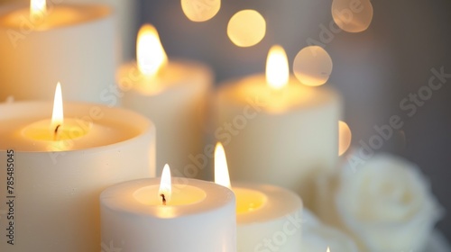 White candles on bright background with a free place for text. Concept of home  spa  relaxation  meditation or festive celebration banner.