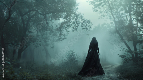 The dark queen of elves walks in a misty forest. A cre