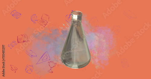 Image of laboratory beaker over mathematical data processing
