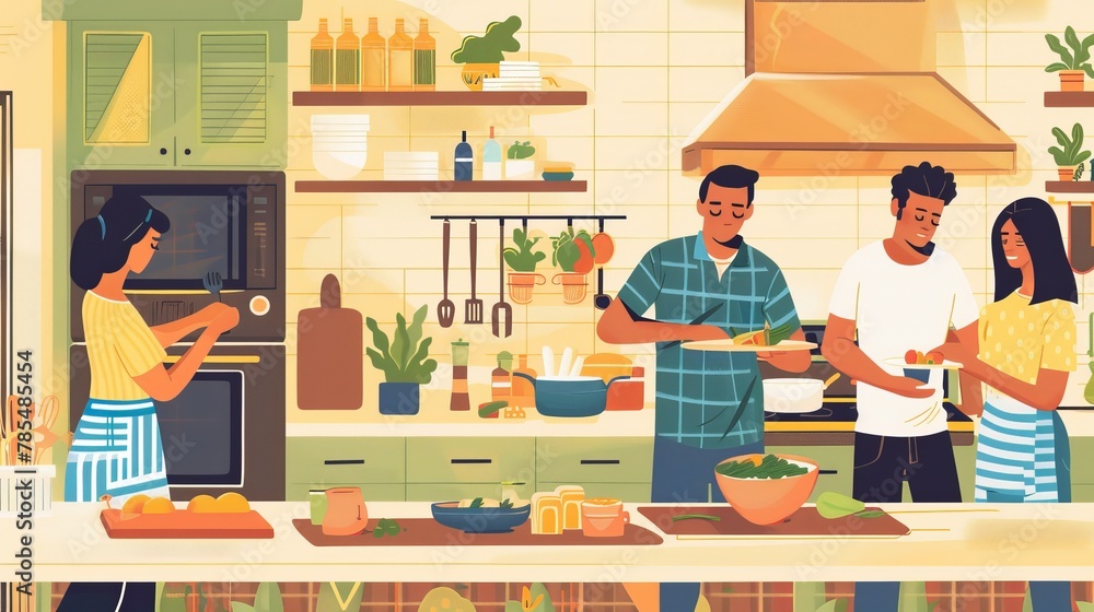 A kitchen scene with a family preparing a meal that combines elements from their diverse cultural backgrounds, illustrating the fusion of traditions and the sharing of culinary heritage. A kitchen scene with a family preparing a meal that combines elements from their diverse cultural backgrounds, illustrating the fusion of traditions and the sharing of culinary heritage.