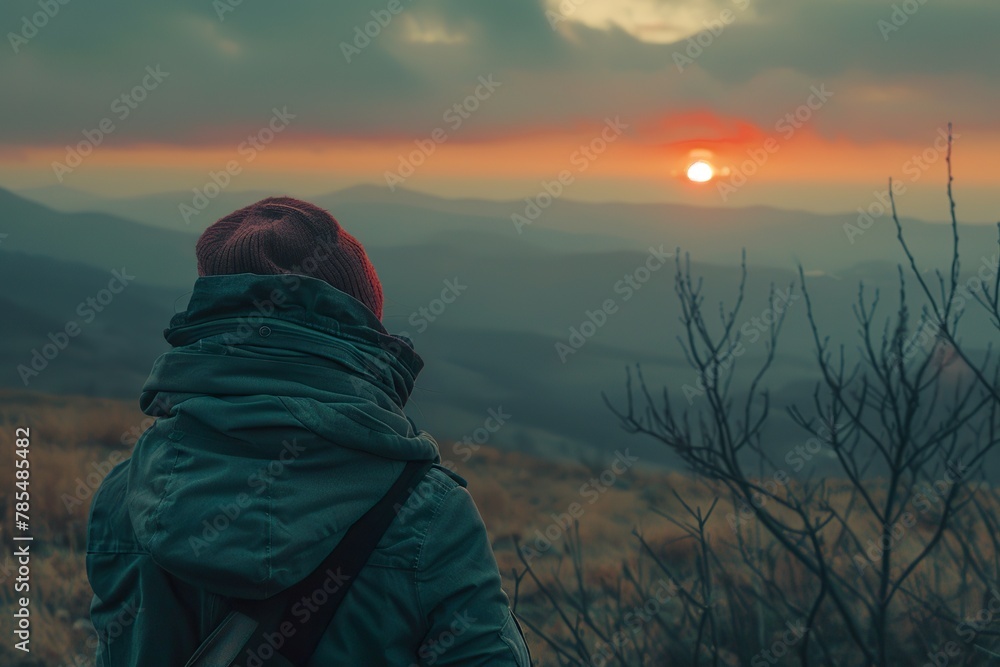 Person Taking a Break at the Mountain Summit, Enjoying the Sunset View from Behind Person Taking a Break at the Mountain Summit, Enjoying the Sunset View from Behind
