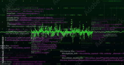 Image of green soundwaves moving over computer languages