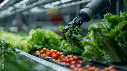 a robotic harvesting system in a futuristic farm, robots harvesting ripe vegetables from hydroponic trays photo